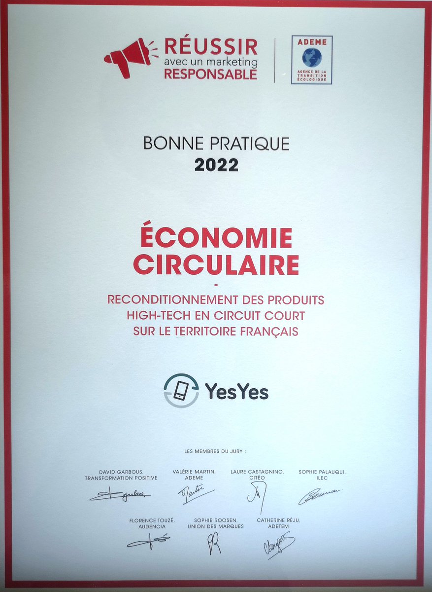 YesYes_France's tweet photo. YesYes lauréat du #palmares2022 Réussir avec un #marketing #responsable ds la catégorie #economiecirculaire 🙂
Merci @citeofrance @audencia @ilec_asso @ademe @Uniondesmarques @adetem @transformationpositive @DGarbous pour votre confiance 🙏
#marqueresponsable #rse #impactpositif https://t.co/LpnTHu6dXy