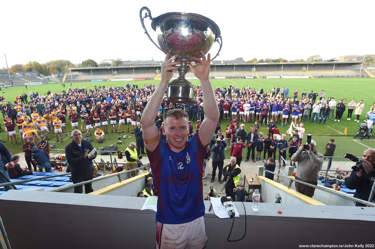 St. Joseph‘s captain,Tom Hannon, lifts the cup after their Intermediate Championship Final win over Tulla at Cusack Park.