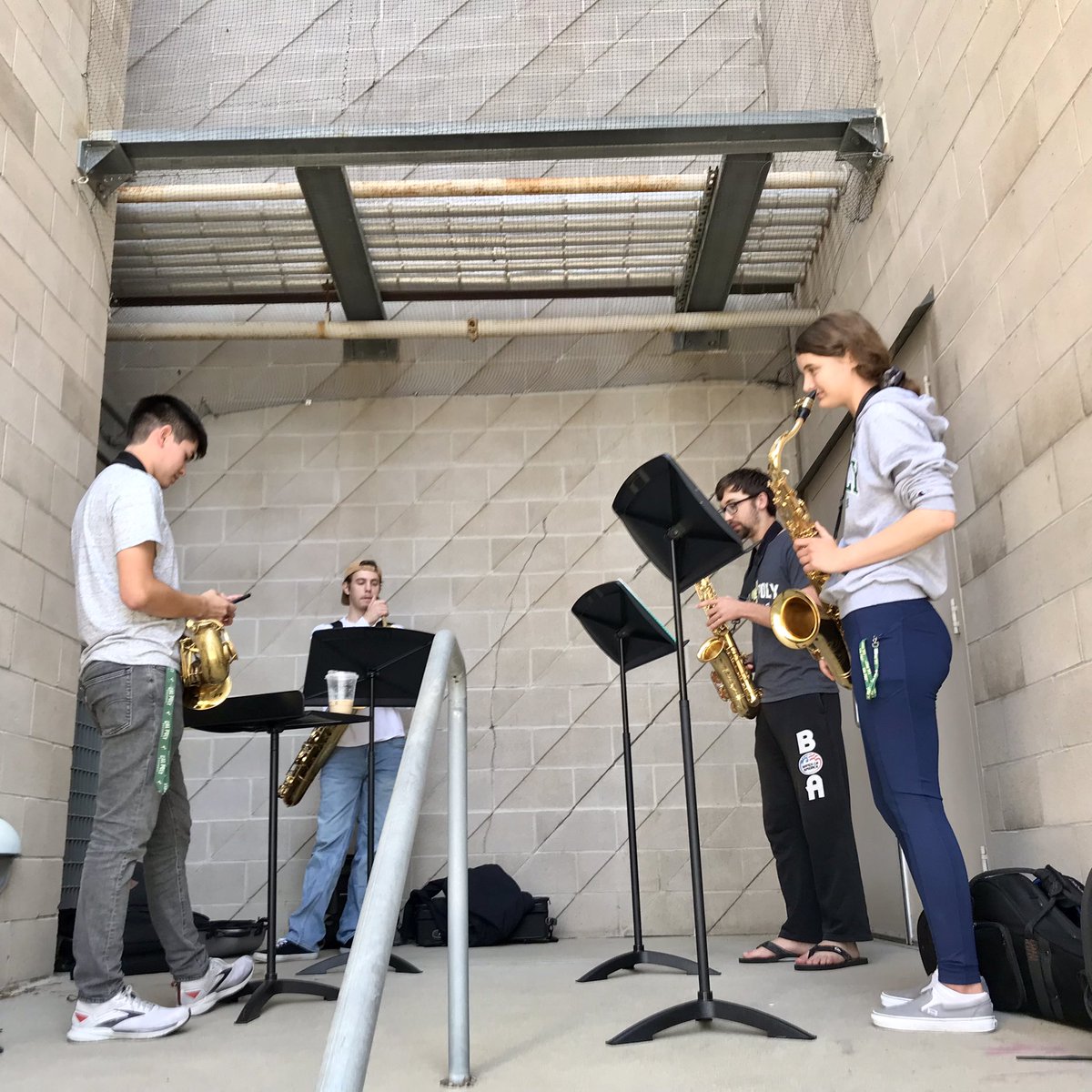 CalPolyBand's tweet photo. When the building is in full use, our industrious student musicians make their own spaces to practice! @CalPolyCLA https://t.co/wXrNCYnUFS