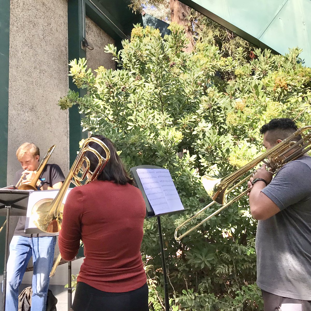 CalPolyBand's tweet photo. When the building is in full use, our industrious student musicians make their own spaces to practice! @CalPolyCLA https://t.co/wXrNCYnUFS