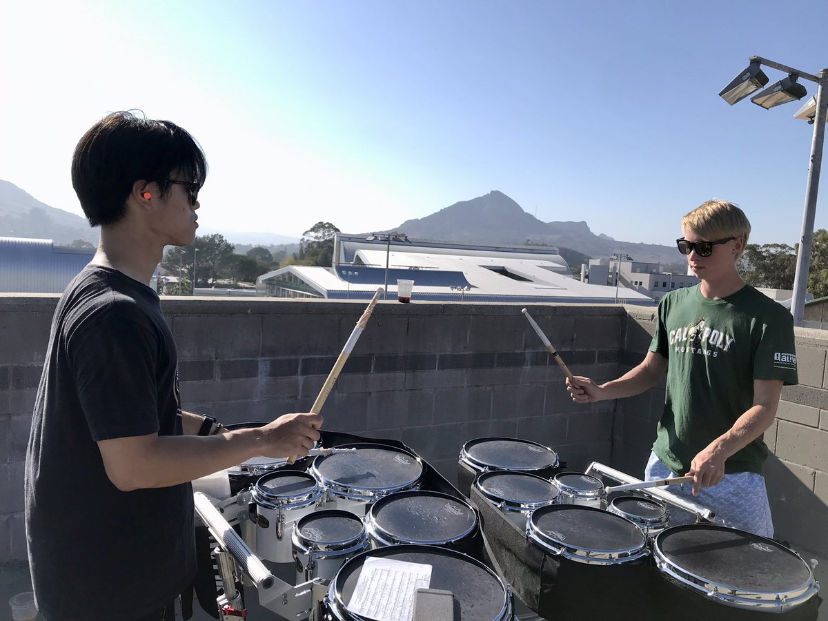 CalPolyBand's tweet photo. When the building is in full use, our industrious student musicians make their own spaces to practice! @CalPolyCLA https://t.co/wXrNCYnUFS