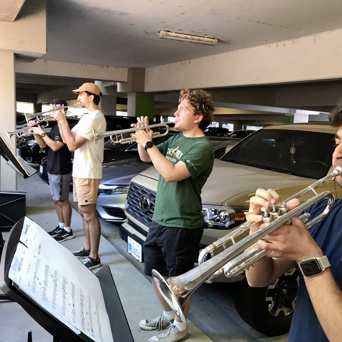 CalPolyBand's tweet photo. When the building is in full use, our industrious student musicians make their own spaces to practice! @CalPolyCLA https://t.co/wXrNCYnUFS