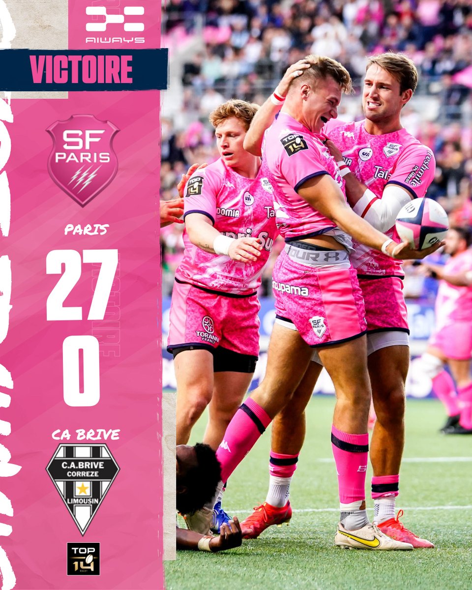 SFParisRugby's tweet photo. 🏁 𝗩𝗜𝗖𝗧𝗢𝗜𝗥𝗘 BONIFIÉE

La victoire, le bonus et le ... clean sheet ! Pour la passe de 3 ! ✅✅✅

#SFPCAB | 🌸 27 - 0 👨🏻 | @AiwaysFrance https://t.co/JfkAvkHVfV