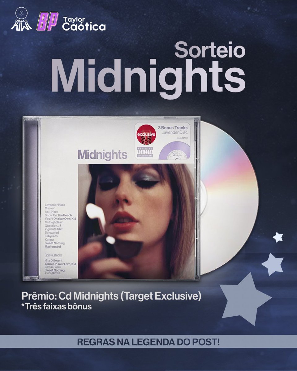 beepopofc's tweet photo. 🚨 SORTEIO 🚨 

Quer ganhar um ‘Midnights (Versão Target)’? 

REGRAS: 
• Seguir o @KiwiDiscos, @taylorcaotica e o @beepopofc
• Dar RT nesse tweet e marcar um amigo 
• A conta precisa estar aberta

Data do sorteio: 05/11. https://t.co/1DRtYacrV9