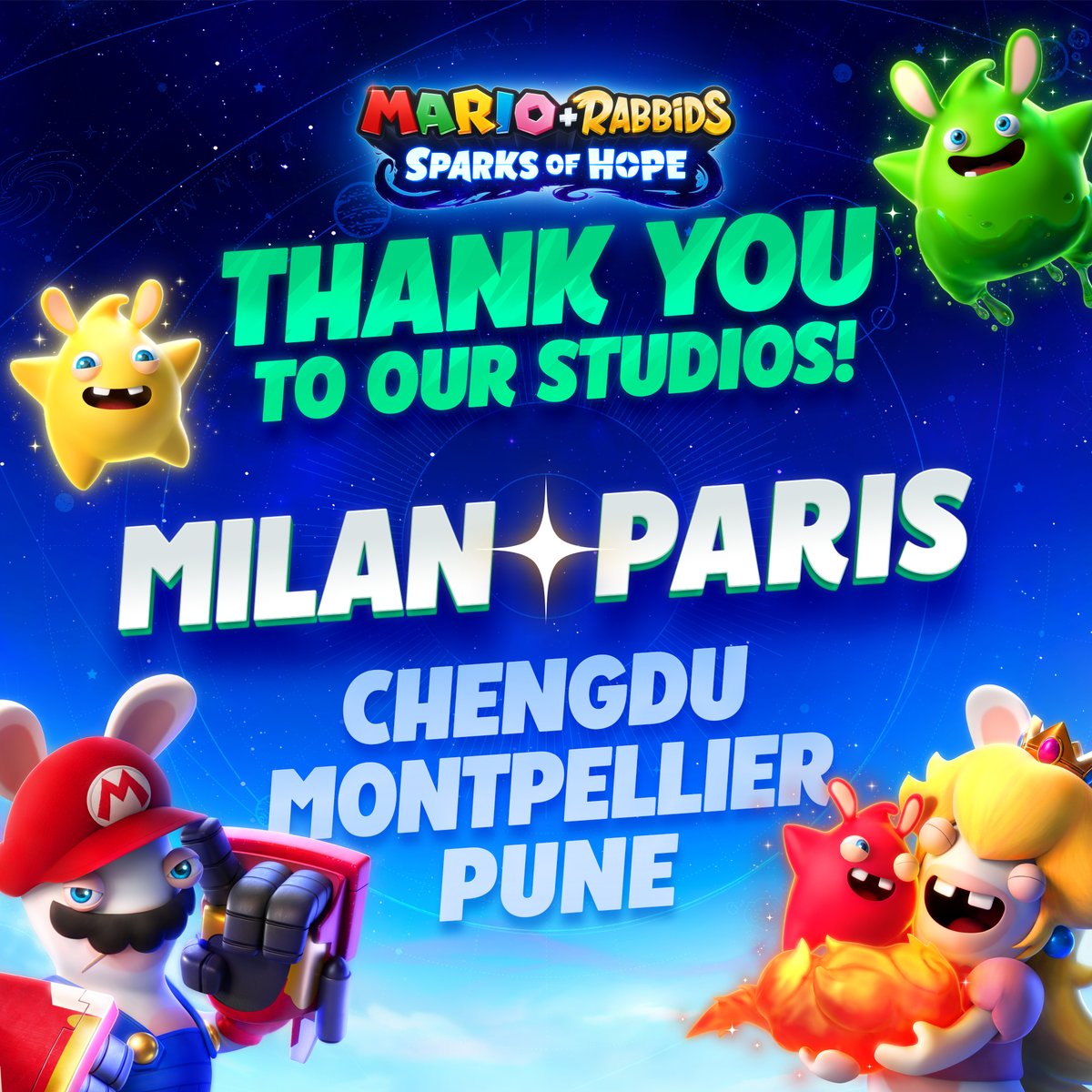 A HUGE thank you to our studios around the world that worked to bring the incredible #MarioRabbids Sparks of Hope to life 👏