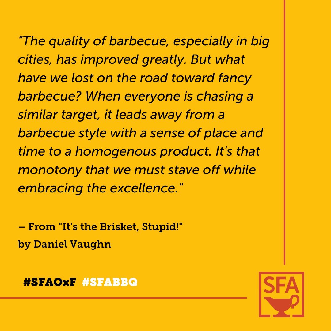 southfoodways's tweet photo. @BBQsnob, barbecue editor for @TexasMonthly, dives deep into the Texas barbecue juggernaut, exploring why barbecue outside the South—and outside the nation—is almost always made in the Texas style.
#SFAOxF #SFABBQ https://t.co/3hiasO702y