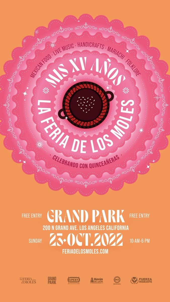 🎉 El domingo 23 de octubre Los Ángeles , California será sede de Feria de Los Moles, uno de los festivales más importantes de gastronomía mexicana en Estados Unidos. ¡Gran oportunidad para disfrutar de la #CocinaDeMéxico! 
🇲🇽 🇺🇸

📍 Grand Park, LA,Ca.