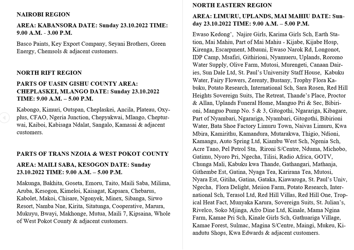 KenyaPower_Care's tweet photo. Good Evening. The following areas will be on a scheduled outage tomorrow (23.10.2022) to carry out network maintenance. ^CW https://t.co/f0jYgyPjYZ
