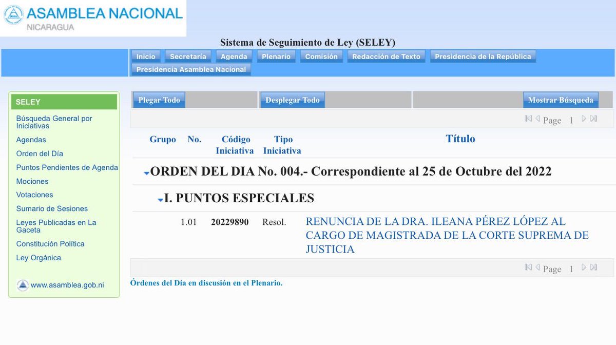 #Nicaragua La Dra. Ileana Pérez ha renunciado a su cargo de Magistrada de la Corte Suprema de Justicia, la cual será sometida a debate en la @AsambleaNi conforme a la Orden del día del #25Oct @CarlosEmilioDH @edwincastror 🔗 bit.ly/3W2pZbs