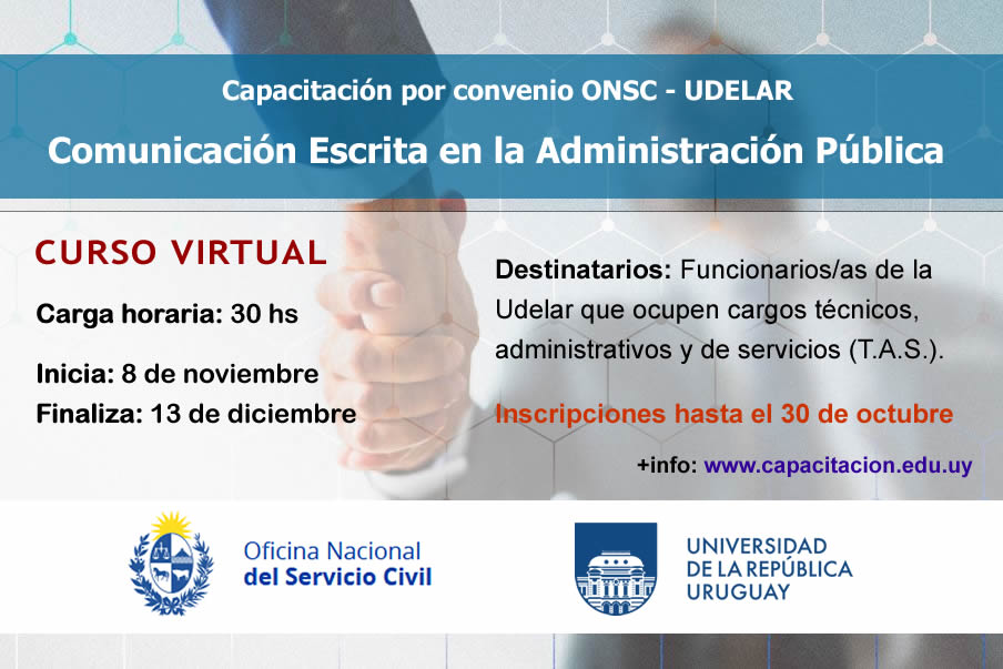 icfudelar's tweet photo. Comenzaron las inscripciones para el curso a dictarse por la ENAP en el marco del convenio celebrado entre la Udelar y la ONSC, denominado "Comunicación Escrita en la Administración Pública" que se desarrollará en modalidad virtual autoasistida.
+info: https://t.co/w6HhReryyp https://t.co/uqnFPxiJH7