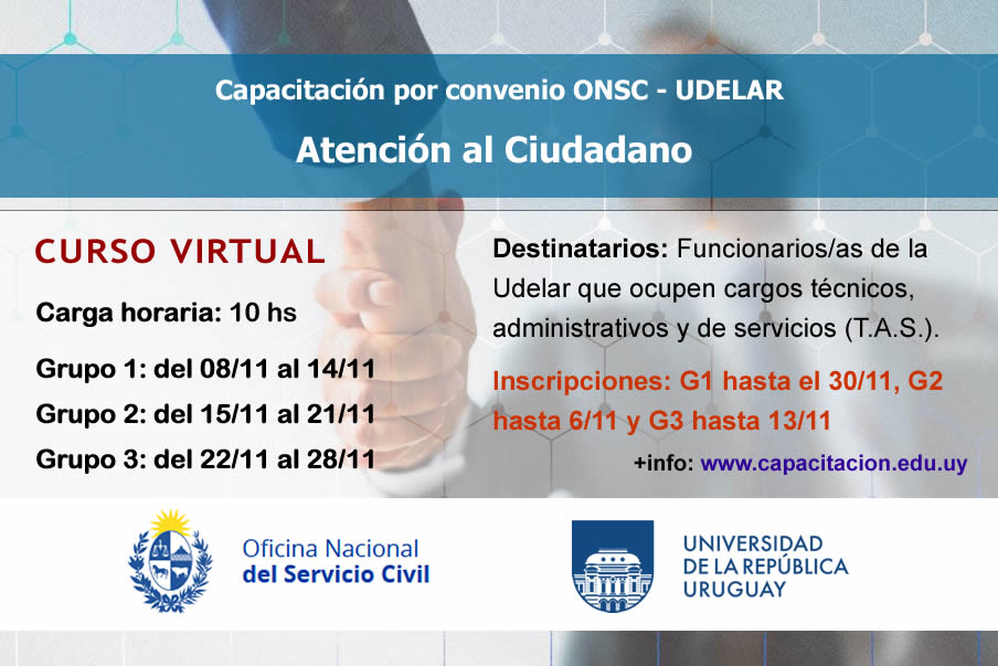 icfudelar's tweet photo. Se encuentran abiertas las inscripciones para el curso a dictarse por la ENAP en el marco del convenio celebrado entre la Udelar y la ONSC, denominado "Atención al Ciudadano" que se desarrollará en modalidad virtual autoasistida.
+info: https://t.co/QJ8RJM3xAw https://t.co/mAib3XGl2O
