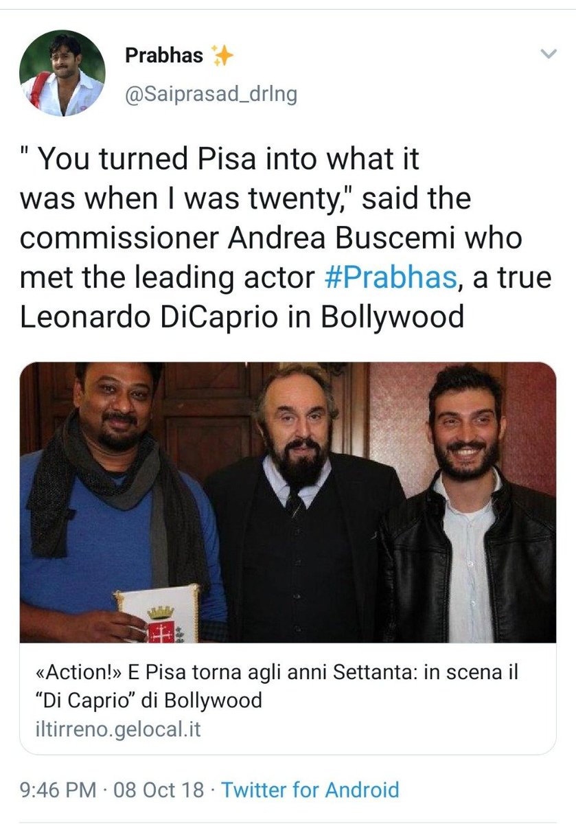 sai_shasank's tweet photo. https://t.co/oK4KLgNWdH
You turned Pisa into what it was when I was twenty, said the commissioner #AndreaBuscemi who met the leading actor #Prabhas and referred him as a "True Leonardo DiCaprio"
in Bollywood. #PrabhasBirthday https://t.co/HtG8RXAXS7