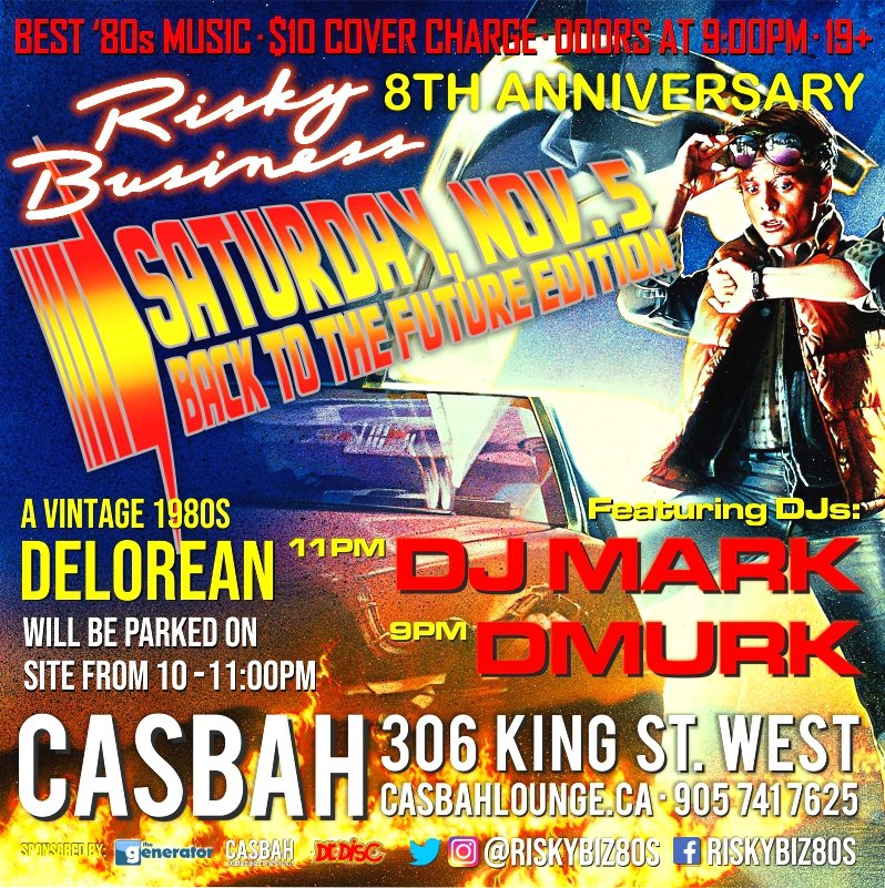 RiskyBiz #80sNight 
►8th ANNIVERSARY◄
• SATURDAY, NOV 5 •
@CasbahHamilton

DJs <a href="/heresdjmark/">DJ MARK</a> &amp; @dmurk

• vintage Delorean on site,10-11pm
• FREE retro party favours &amp; candy (ltd. qty.)

Tix:  eventbrite.ca/e/risky-biz-80…

Pres. by
<a href="/TheGeneratorCa/">The Generator</a>
@CasbahHamilton
<a href="/DrDiscHamilton/">Dr. Disc</a>