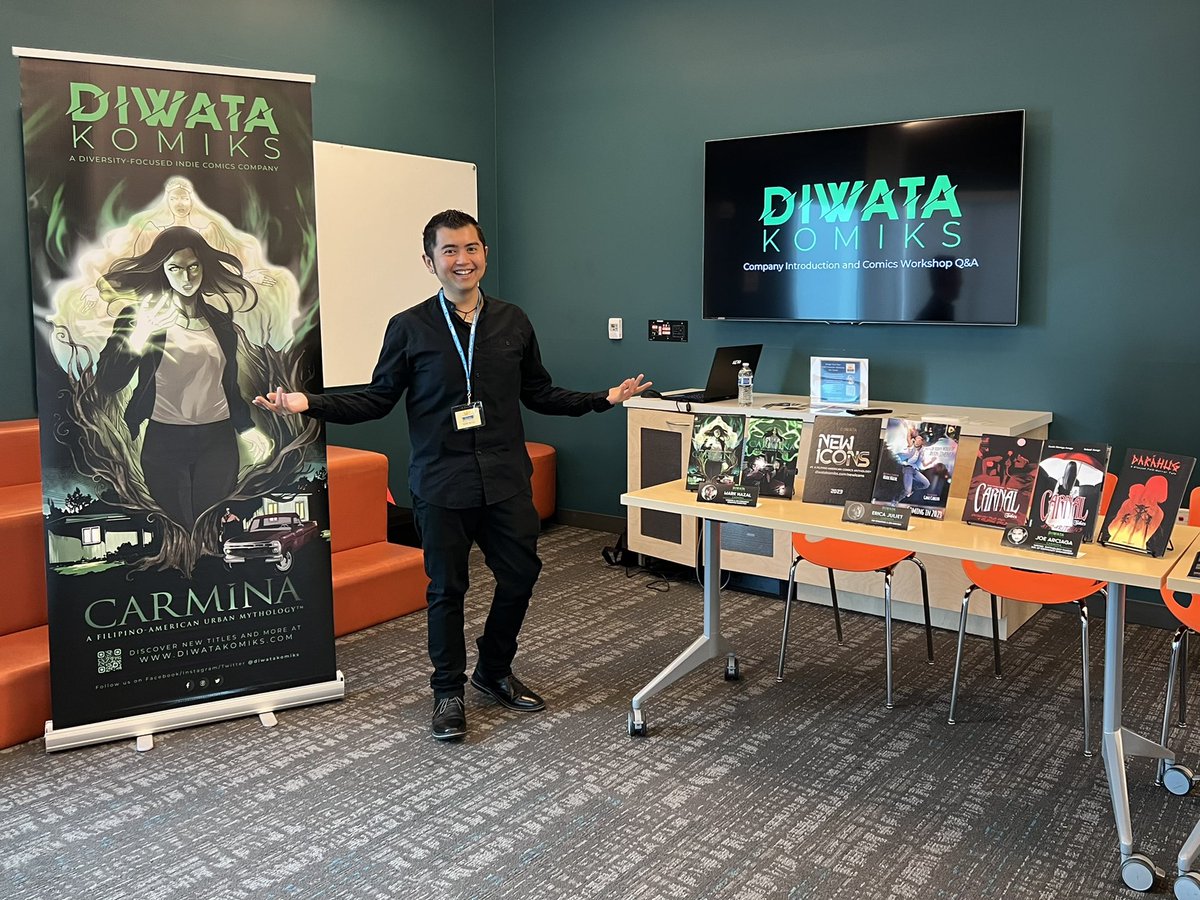We’re here at #LiwanagLitFest! First up, our Introduction and Comics Workshop Q&A. Then get your comics signed after the panel by Chief Creative and #CarminaSeries creator Mark A.J. Nazal.

#DiwataKomiks #FilipinoAmericanHistoryMonth #Diversity #Komiks #FilAm #Comics