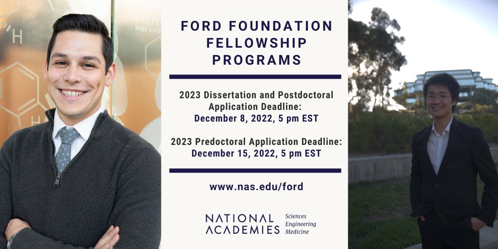 The #FordFoundationFellowships are accepting #Predoctoral applications until December 15, 2022 at 5pm EST, apply today! #GradStudents #Education #HigherEd #Leadership #PhDs #PhDChat ow.ly/OnPF30sr2H4