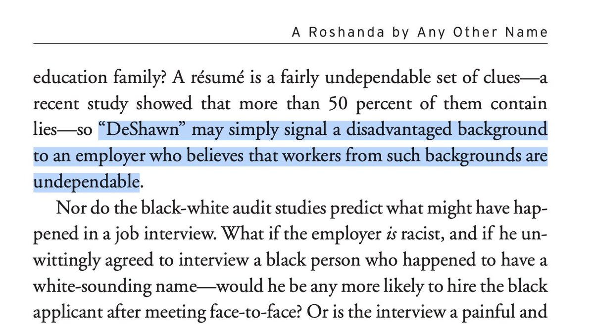 Incredible excerpt from Freakonomics. Do people with Black-sounding names get rejected for job interviews due to racism? Or is it simply that employers think people with Black names are poor, uneducated and unreliable? 🤔🤔🤔