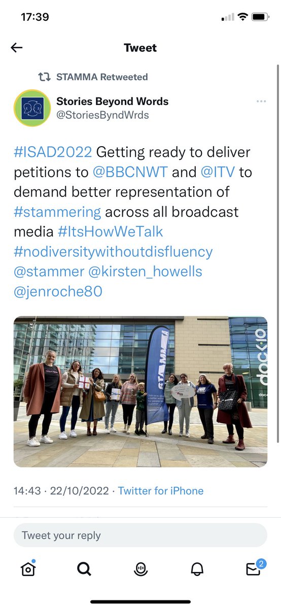 MissBSime's tweet photo. Happy International Stammering Awareness Day! I was part of a group that handed in petitions in Manchester today with @stammer; 25,000 signatures about getting a better representation of people who stammer in the media #ISAD2022 #SLT2B #itshowwetalk #nodiversitywithoutdisfluency https://t.co/3VDhFrV6zU