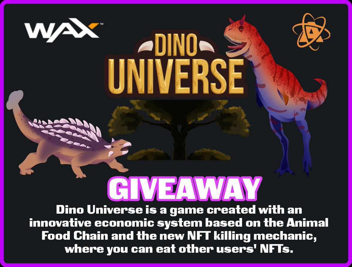 EARLY ROLE: 3 Winners
1️⃣Follow <a href="/DinouniverseGO/">Dinouniverse</a> &amp; @NFTFountain_
2️⃣Like, retweet and comment tagging +3 friends
3️⃣Join discord.gg/dinouniverse
🗓️Ends 24/10 07:00 UTC

Participate now, good luck!🦁#NFTCommunity #NFTGiveaway #WAXP #NFTProjects #NFTdrop #SolanaNFT #NFT #NFTArt <a href="/WAX_io/">WAX</a>
