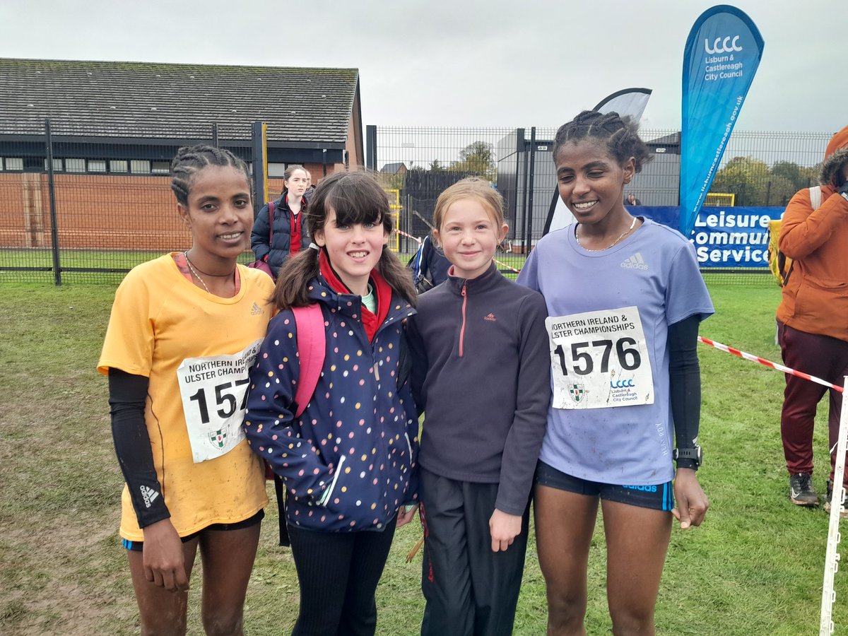 acebogle's tweet photo. Future XC stars ⭐ Mollie &amp; Sophie meeting Ethiopian stars Medina Eisa Kumanda &amp; Melknat Wudu Sharew at Bobby Rea XC. Great event by @AthleticsNI https://t.co/lppIvr52tT