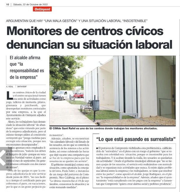 La Vall Ens Uneix ens acusa de "crear alarma social" per defensar els drets laborals de les treballadores d'una empresa contractada per l'Ajuntament i advertir les conseqüències de seguir vulnerant-se.

#Ontinyent necessita un govern de progrés que reconega i solucione problemes.