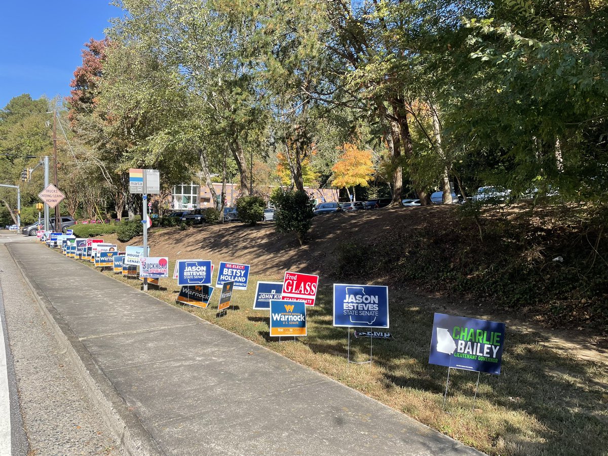 Tuba65's tweet photo. Early voted this fine Fall Saturday. Lines of candidate and directional signs outside the polling place were lots longer than the voter lines inside. Easy peasy. #GoVote https://t.co/xw5XgxI2Z4