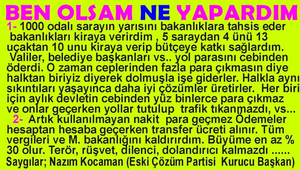 @EmineBeril3417 @sabiha96936955 1- Akıllı para sistemine geçilecek 
Hiç kimse  Aç Açıkta kalmayacak
2-Eğitimde Köy enstitüleri modeli uygulanacak. 
3- modern seçim sistemine geçilerek
Cahile yetki verilmeyecek 
cozumparti.com
Koltuğa yapışan liderler devrini kapatıyoruz
Devamı linkte