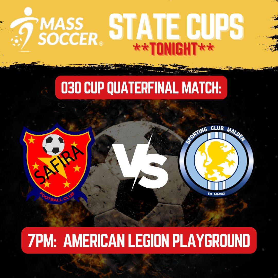 Drum roll....  The last of our Fall Cup Quarterfinal matches is tonight!  

🏆O30 Quarterfinal Match: <a href="/SoccerSafira/">Safira Football Club</a> vs <a href="/SportingMalden/">Sporting Club Malden</a> 
⏲️7pm kickoff
🏟️ American Legion Playground Field, Boston

🤩It is a beautiful night to hit the pitch!! Come on down &amp; catch a great game!!