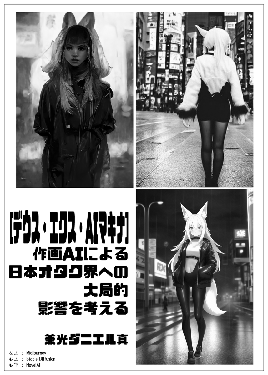 表紙は「女の子、キツネ耳、白耳、白尻尾、ぴっちりボディスーツ、だぼだぼジャケット、秋葉原、夜の街、雨、路面に反射」などと入力した結果を三つの作画AIがどう出力するを比較しています。ものの見事に傾向が異なるのが面白いです。なお絵柄は指定していません。