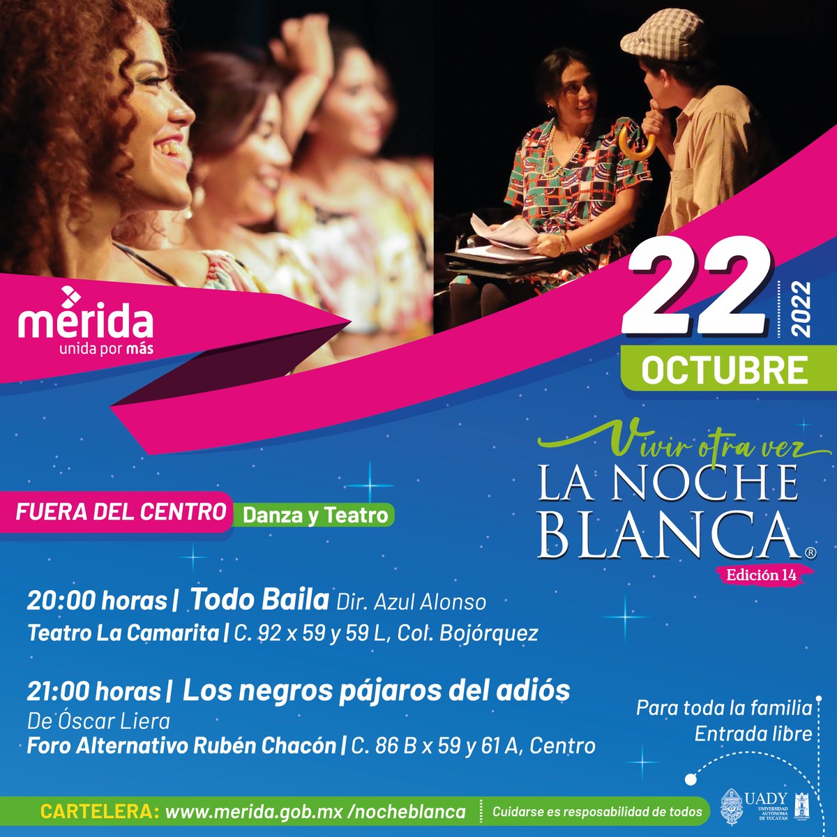 MeridaCultura1's tweet photo. Recuerda que en los #ForosAlternativos encontrarás sorpresas de arte en #LaNocheBlanca
Arma tu itinerario para lograr muchas experiencias esta noche, etiquetanos y comparte tus comentarios. Teatro de la Rendija #ForoRubénChacón #MACAY #VivirOtraVez @RenanBarrera https://t.co/amYNPp8qMy