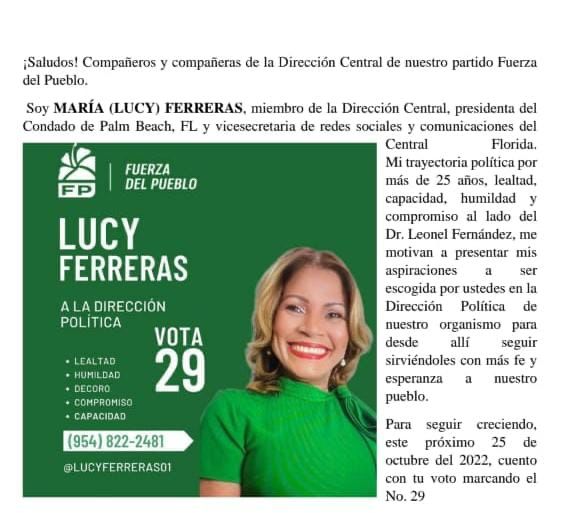 RamonaLunaRD's tweet photo. Por el fortalecimiento de la democracia, la integración y la equidad participativa, este 25 vota por @LucyFerreras01 cuota de la Florida, Circ. no.2 del exterior @LeonelFernandez @demostenesm @neyalmanzar305 https://t.co/fEOdQjXt1h