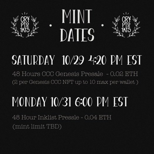 THE TATS ARE COMING!! ✨✨✨

Lets celebrate by GIVING AWAY a Crypto Tat! To enter:

✅Retweet
✅Follow <a href="/CTxNOMOZ/">CRYPTO TATS by NOMOZ</a>

CCC Genesis snapshot 📸 was taken on 10/11. Winner of free crypto tat will be chosen on Mint day. 

PS: if you need on the Inklist, post a reply 😉🤝