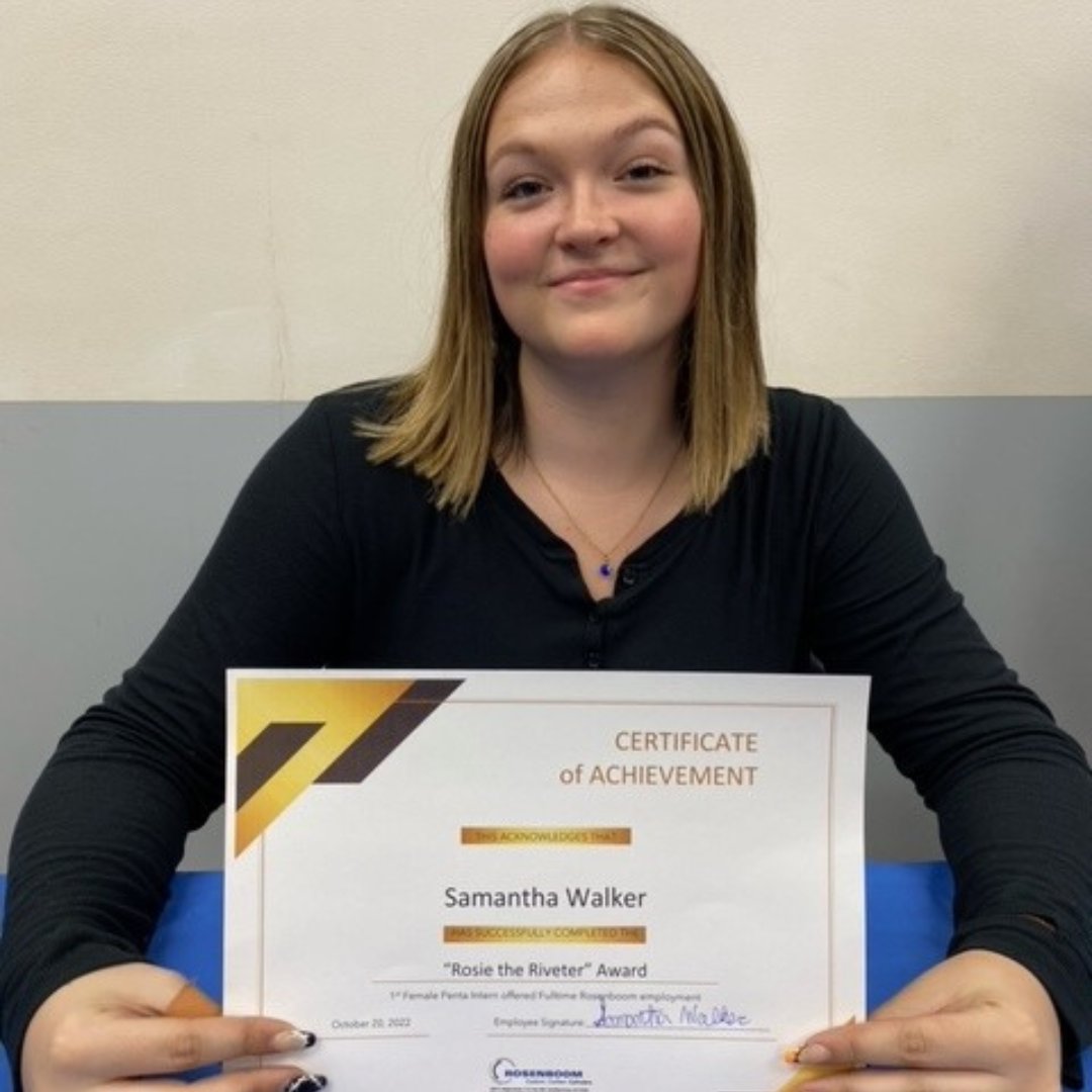 pentacareerctr's tweet photo. “Self-belief and hard work will always earn you success.” - Virat Kohli

Congratulations to Samantha Walker (Otsego), from the Manufacturing Academy, on earning the “Rosie the Riveter” Award, as the 1st female Penta intern offered full time employment at Rosenboom! #SuccessReady https://t.co/7AMarYFTCO
