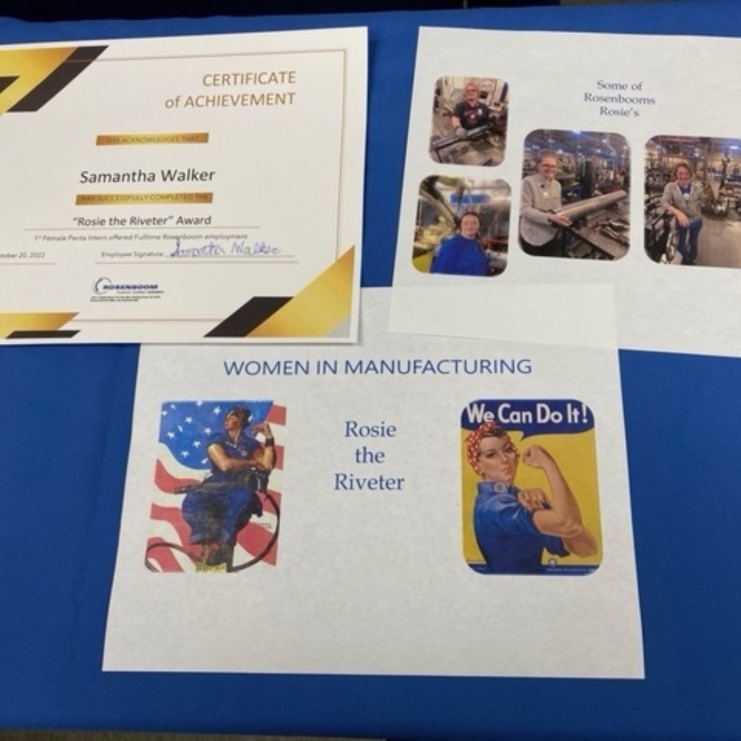 pentacareerctr's tweet photo. “Self-belief and hard work will always earn you success.” - Virat Kohli

Congratulations to Samantha Walker (Otsego), from the Manufacturing Academy, on earning the “Rosie the Riveter” Award, as the 1st female Penta intern offered full time employment at Rosenboom! #SuccessReady https://t.co/7AMarYFTCO