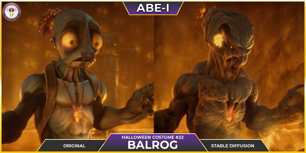 OddworldInc's tweet photo. Day 22 of #Abei
Abe is revisiting Lord of the Rings with his 22nd #Halloween costume. This time he becomes a version of Balrog. We’d let him pass.
#AIart @stabilityai #madewithstablediffusion #Halloweencostume #Balrog #LotR #RingsofPower #LordoftheRings @LOTRonPrime https://t.co/gtKBHicmQc