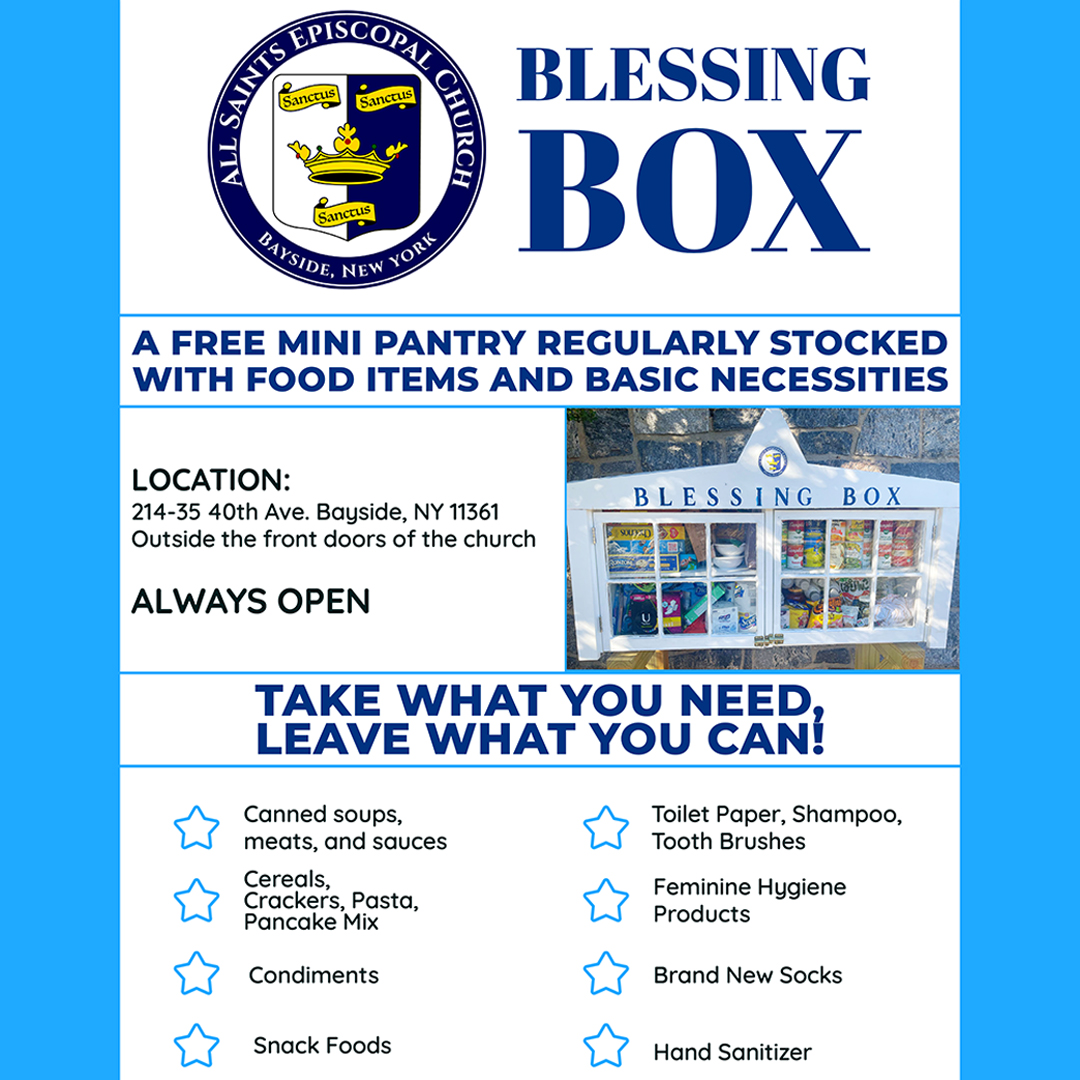AllSaintsECB's tweet photo. The All Saints Blessing Box is always open! If you are in need or know someone in need of non-perishable food items, toiletries, and more, feel free to come and take anything you need.
#foodinsecurity #blessingbox #foodpantry #bayside #queens #nyc #newyork #episcopal #chrisitan https://t.co/Y722S9nXD5