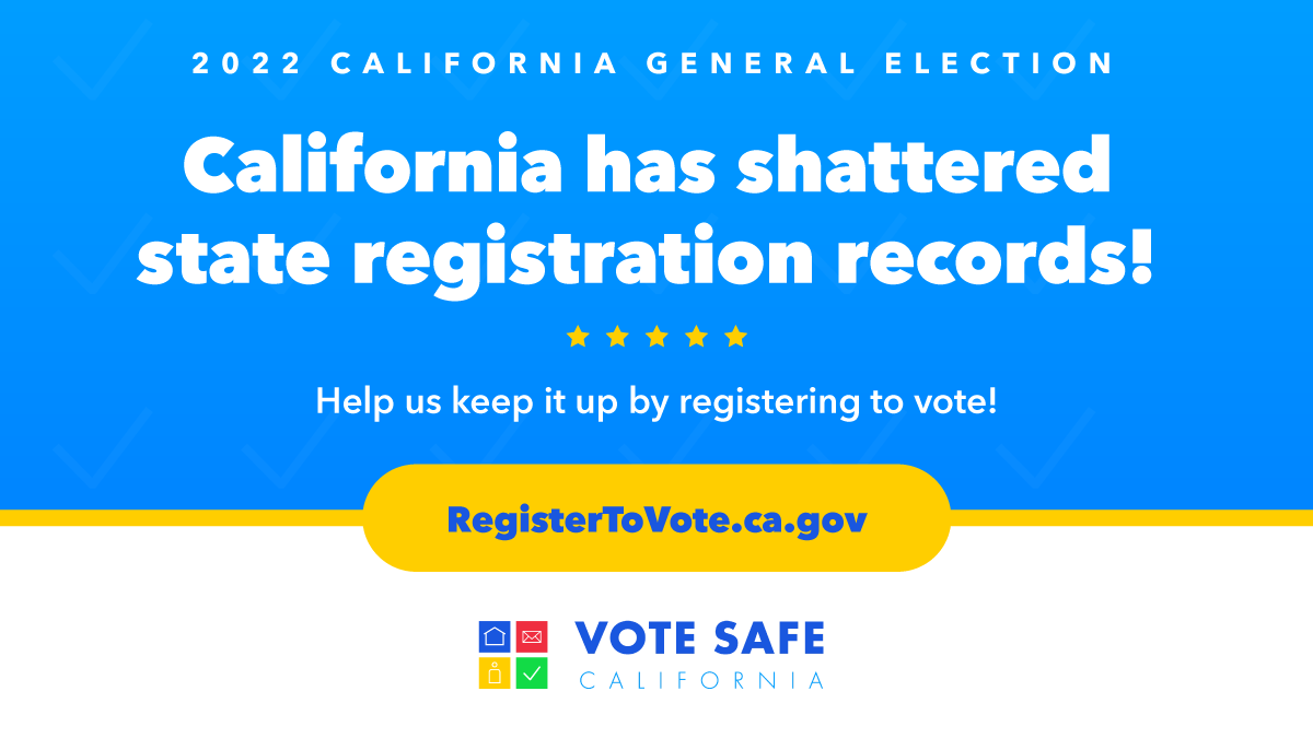 2 days left to register to vote easily online! California has shattered state registration records - help us get closer to 100%! The last day to register to vote easily online is October 24th. Register now at RegisterToVote.ca.gov #VoteSafeCA #VoteCalifornia