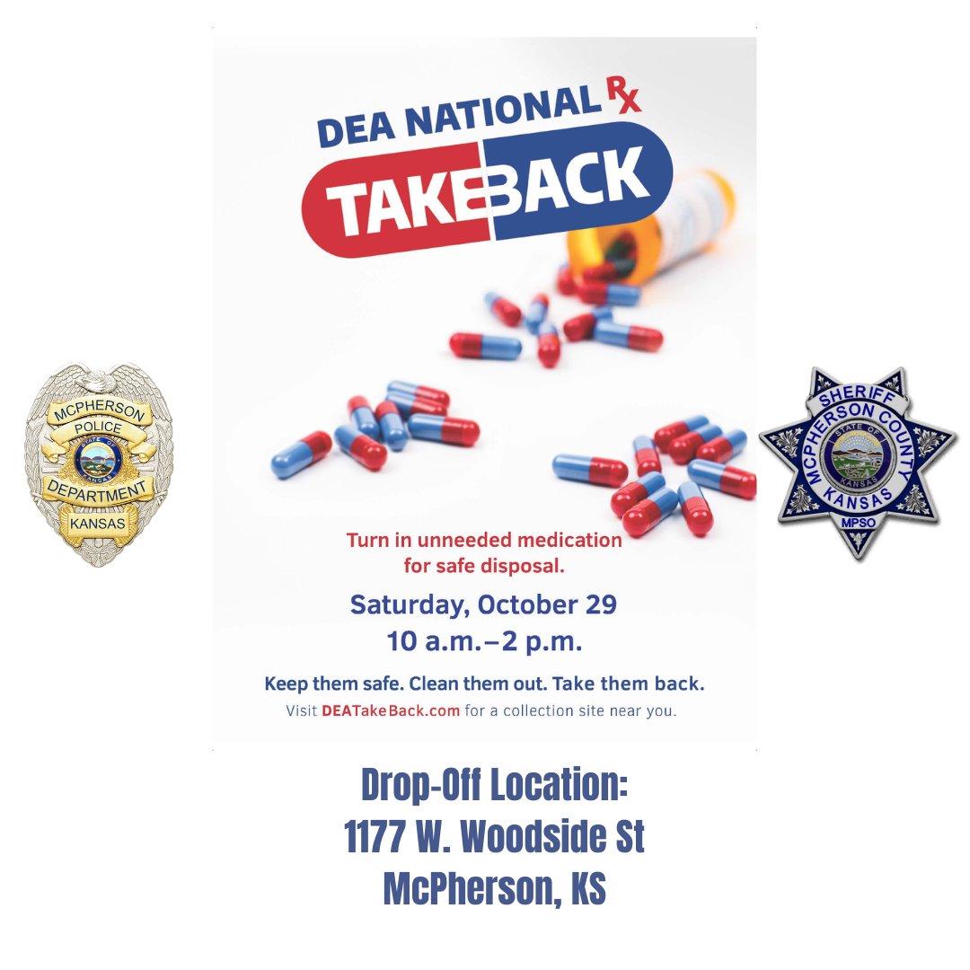 McPhersonPD's tweet photo. Saturday, October 29, 2022, Prescription Drug Take Back Day, 10:00 am-2:00 pm, McPherson Police Department & Mcpherson County Sheriff's Office will be accepting prescription drugs for disposal at 1177 W. Woodside St in McPherson.
#RXTakeBack https://t.co/Nqv8Zbm3nv