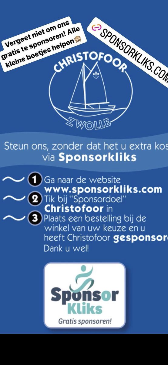 Je kunt ons gratis steunen door je aankopen via <a href="/SponsorKliks/">SponsorKliks</a> te doen en te kiezen voor #christofoorzeeverkenners #zwolle #waterscouting #scouting #scoutingnederland