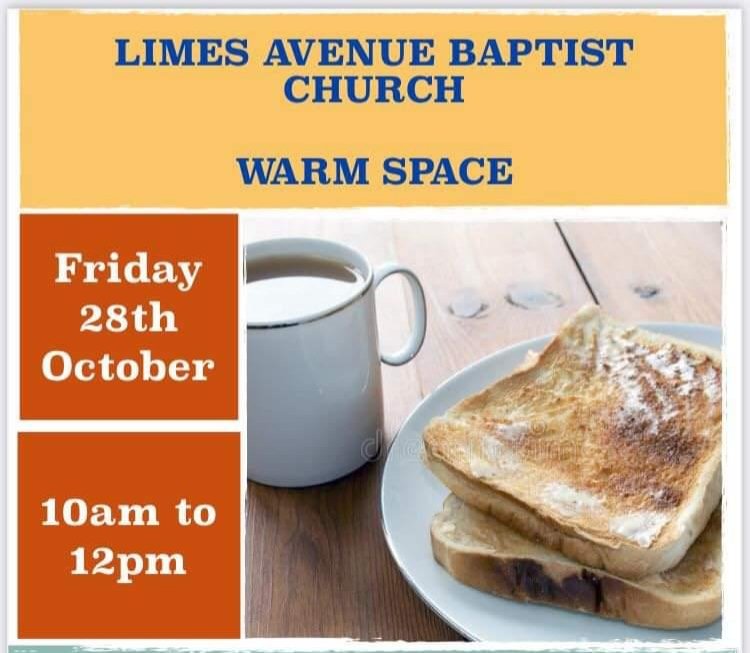LABaptistChurch's tweet photo. Looking for a free, warm space in #Aylesbury to spend some time during this October half term?

Enjoy a free hot drink, a slice of toast and a chat. Everyone is welcome.

There will be no formal activities but feel free to bring along a board game, toy or book of your choice. https://t.co/OMfvYxYVIO