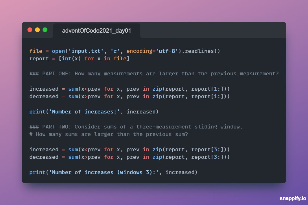 I just completed "Sonar Sweep" - Day 1 - Advent of Code 2021 adventofcode.com/2021/day/1 #AdventOfCode