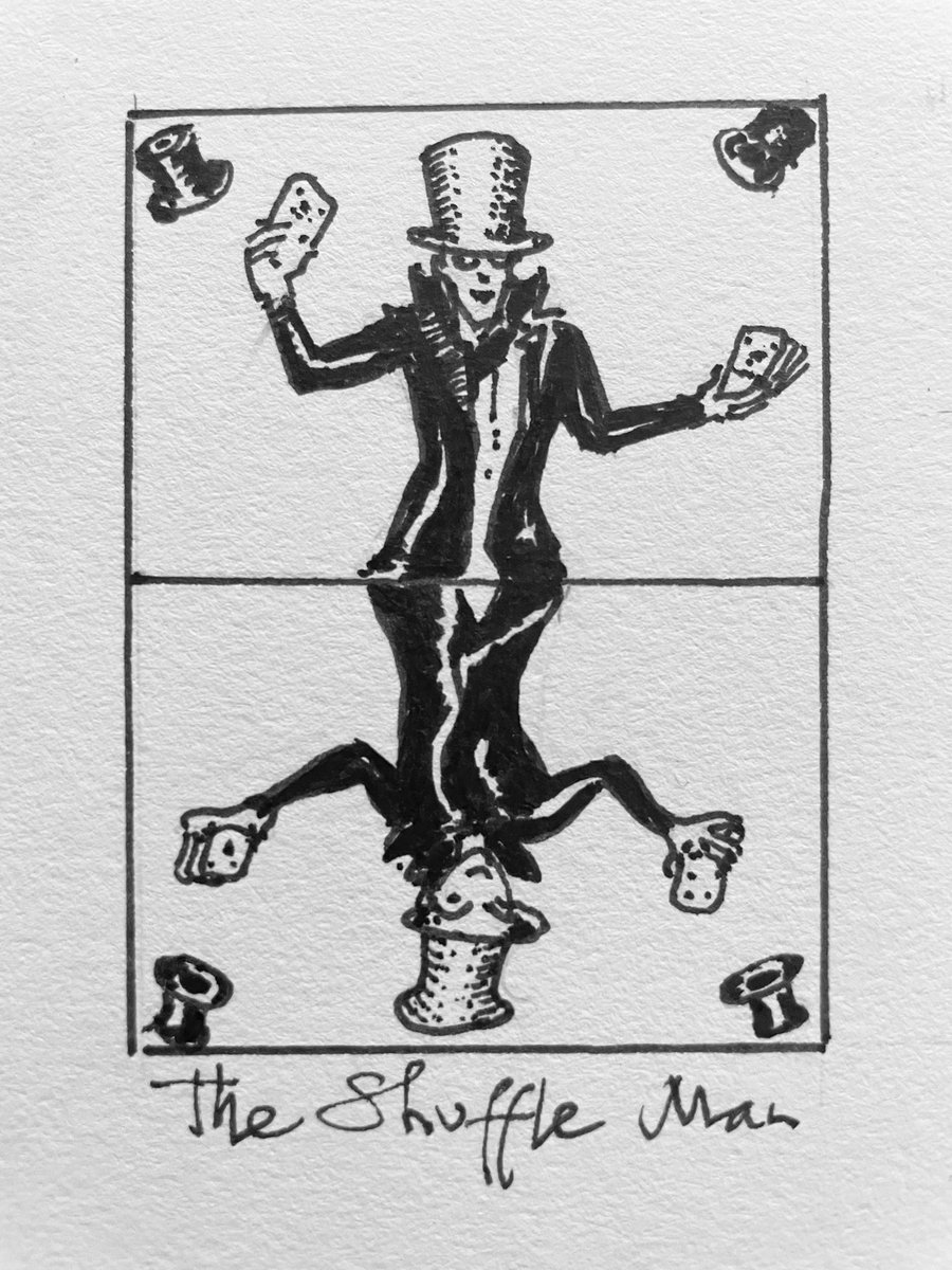 RobynHitchcock's tweet photo. To celebrate the release of SHUFFLEMANIA! I’ve done a sketch for each song, which I’ll post daily: #1 is the Shuffle Man.If you are fast enough, who can catch up with you? Album out now on @tinyghostrecords ♥️♠️♣️♦️ https://t.co/o5zwJ3mWux