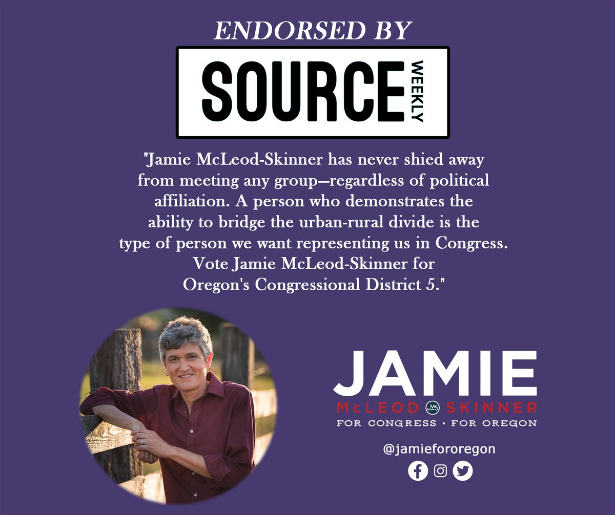 JamieforOregon's tweet photo. I'm honored to have the endorsement of @sourceweekly. I have a track record of bringing people together to find solutions to our most pressing challenges and working across the aisle to get things done.

#orpol #JamieForOregon #CD5 #OR05 https://t.co/E4cetww0AB