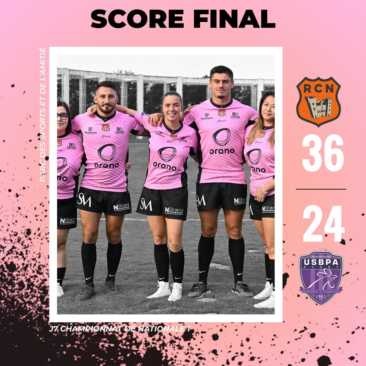 RCNarbonnais's tweet photo. Victoire ! 

Nos joueurs s’imposent contre l’ @USBPA_Rugby ! 🧡🖤 https://t.co/cvfNjXJltu