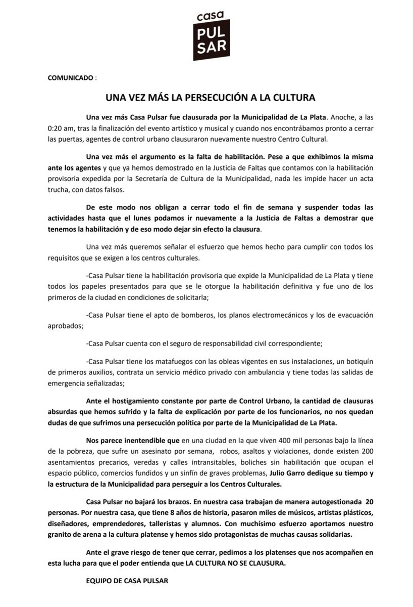 MartelliFede's tweet photo. Una vez más la persecución a la Cultura Platense. 
Por favor basta @JulioGarro! 

20 personas trabajan en #CasaPulsar. 
Miles de artistas, emprendedores, docentes y alumnos pasaron por nuestra Casa. 
Queremos seguir aportando valor a la cultura platense, pero así es imposible. https://t.co/rtX4GFqxfD