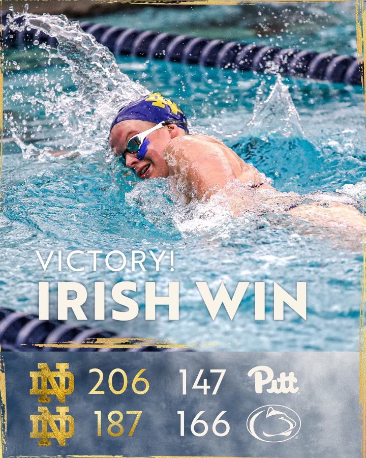 NDSwimDive's tweet photo. Four wins to kick off the Lindauer era! Both the men’s and women’s swimming and diving teams move to 2-0 on the season with victories over Pittsburgh and Penn State ☘️🔥

#GoIrish x #ALLIN https://t.co/DHsXUErwtm
