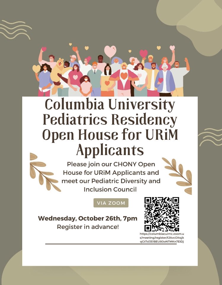 Sumeet Banker (@sumeetbanker) on Twitter photo All are welcome to join our <a href="/KidsAtColumbia/">Columbia Children's Health</a> diversity & inclusion open house on Oct 26 at 7pm, whether you are a current or future peds applicant! <a href="/FuturePedsRes/">FuturePedsRes</a> <a href="/Inside_TheMatch/">Inside The Match</a> #PedsMatch23
columbiacuimc.zoom.us/meeting/regist⦠All are welcome to join our <a href="/KidsAtColumbia/">Columbia Children's Health</a> diversity & inclusion open house on Oct 26 at 7pm, whether you are a current or future peds applicant! <a href="/FuturePedsRes/">FuturePedsRes</a> <a href="/Inside_TheMatch/">Inside The Match</a> #PedsMatch23
columbiacuimc.zoom.us/meeting/registā¦
