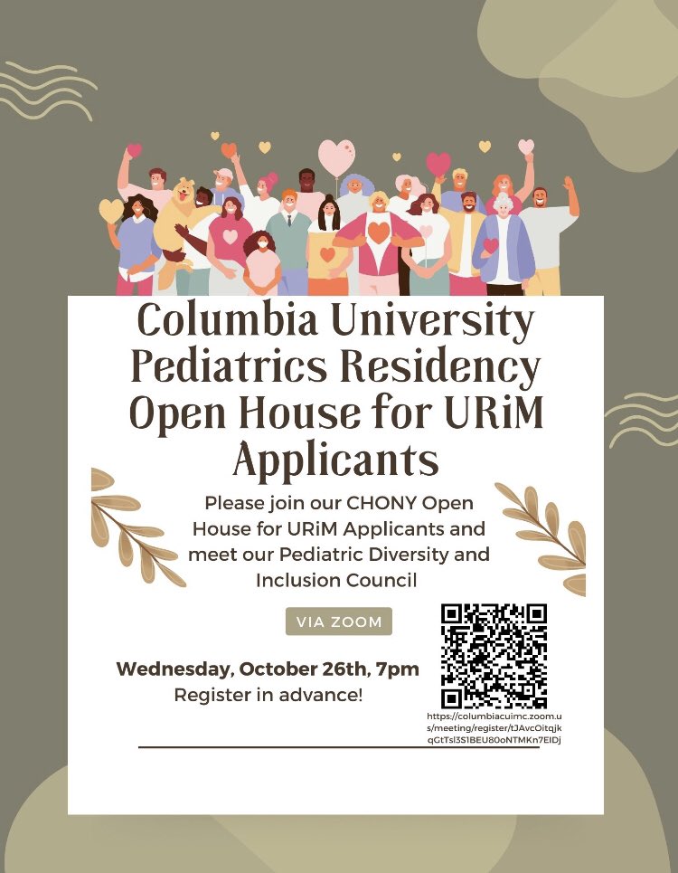 All are welcome to join our @KidsAtColumbia diversity & inclusion open house on Oct 26 at 7pm, whether you are a current or future peds applicant! @FuturePedsRes @Inside_TheMatch #PedsMatch23 columbiacuimc.zoom.us/meeting/regist…