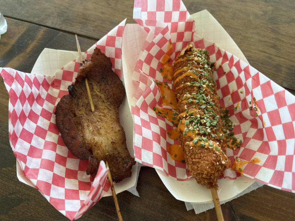 InfamousNolan's tweet photo. Pork belly lollipop and Korean corn dog https://t.co/SDkYInmy0M