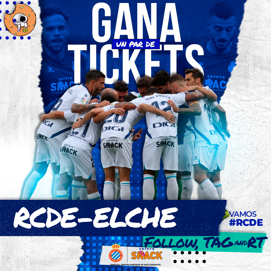 CryptoSnack_'s tweet photo. #JuegaConSnack por🎁ENTRADAS DOBLES para este gran partido de #LaLiga en casa⚽️ #EspanyolElche

Para participar:
🍩 Sigue a esta cuenta y dale RT al sorteo
🍩 Comenta etiquetando a tu acompañante

El sorteo se realizará el domingo 23/10 antes de las 11hs España💙🤍 ¡Vamos #RCDE! https://t.co/AJIyZYdc2E