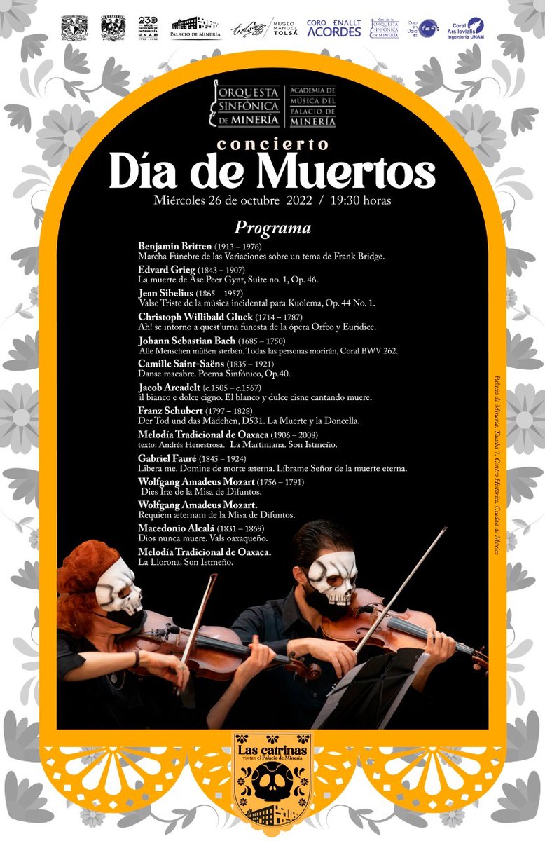 Ven a nuestro 🎼Concierto de Día de Muertos con la Orquesta de Cámara de <a href="/orquestamineria/">Sinfónica de Minería</a> y los Coros de <a href="/FIUNAM_MX/">Ingeniería UNAM</a>

💀 Sin registro
💀 Acceso hasta llenar aforo
💀 Entrada libre